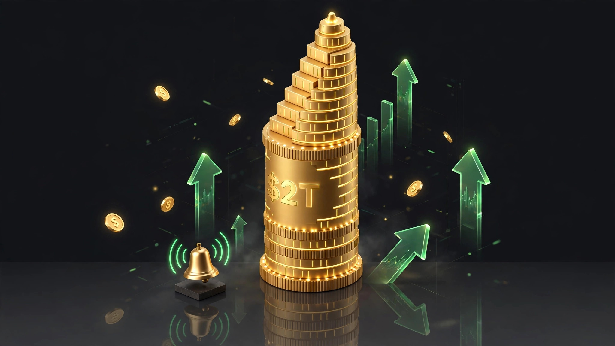 3D isometric illustration of a giant golden $2T coin tower with green upward arrows and an IPO bell on a dark background