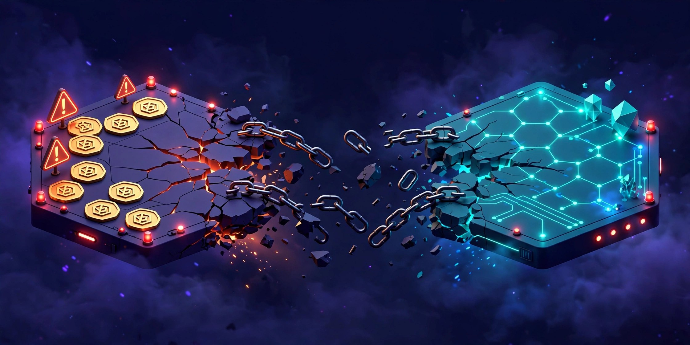 3D isometric illustration of a broken cross-chain bridge between two blockchain networks with warning signs