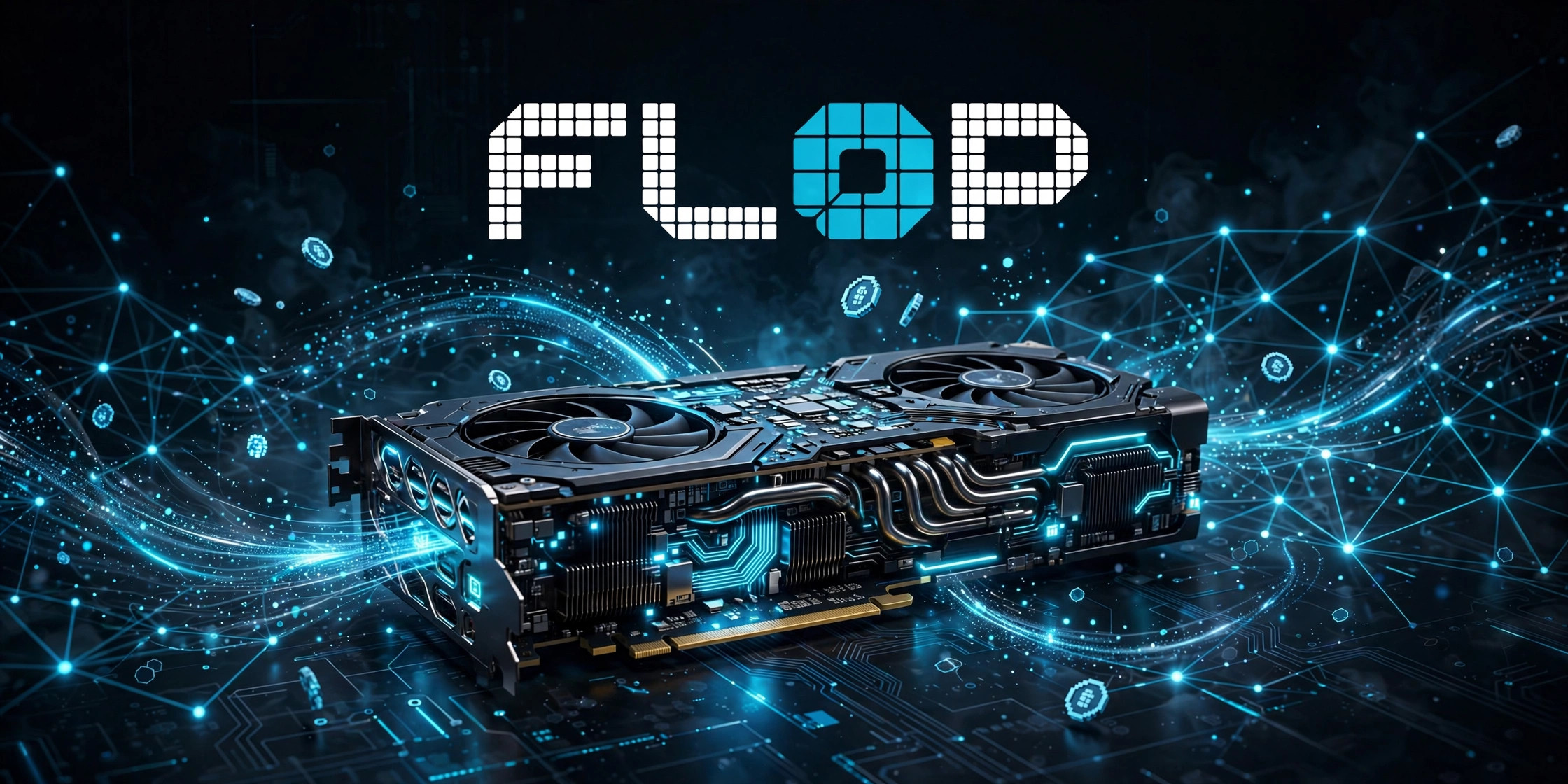 FLOP logo above a glowing GPU processing AI network workloads