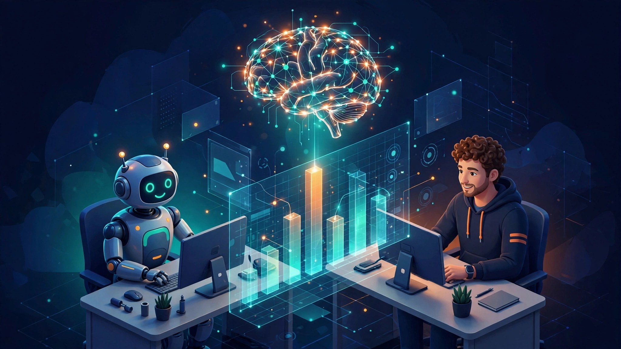 Ilustrasi 3D isometrik robot dan pekerja manusia berdampingan di meja kerja dengan grafik pergeseran demand pekerjaan