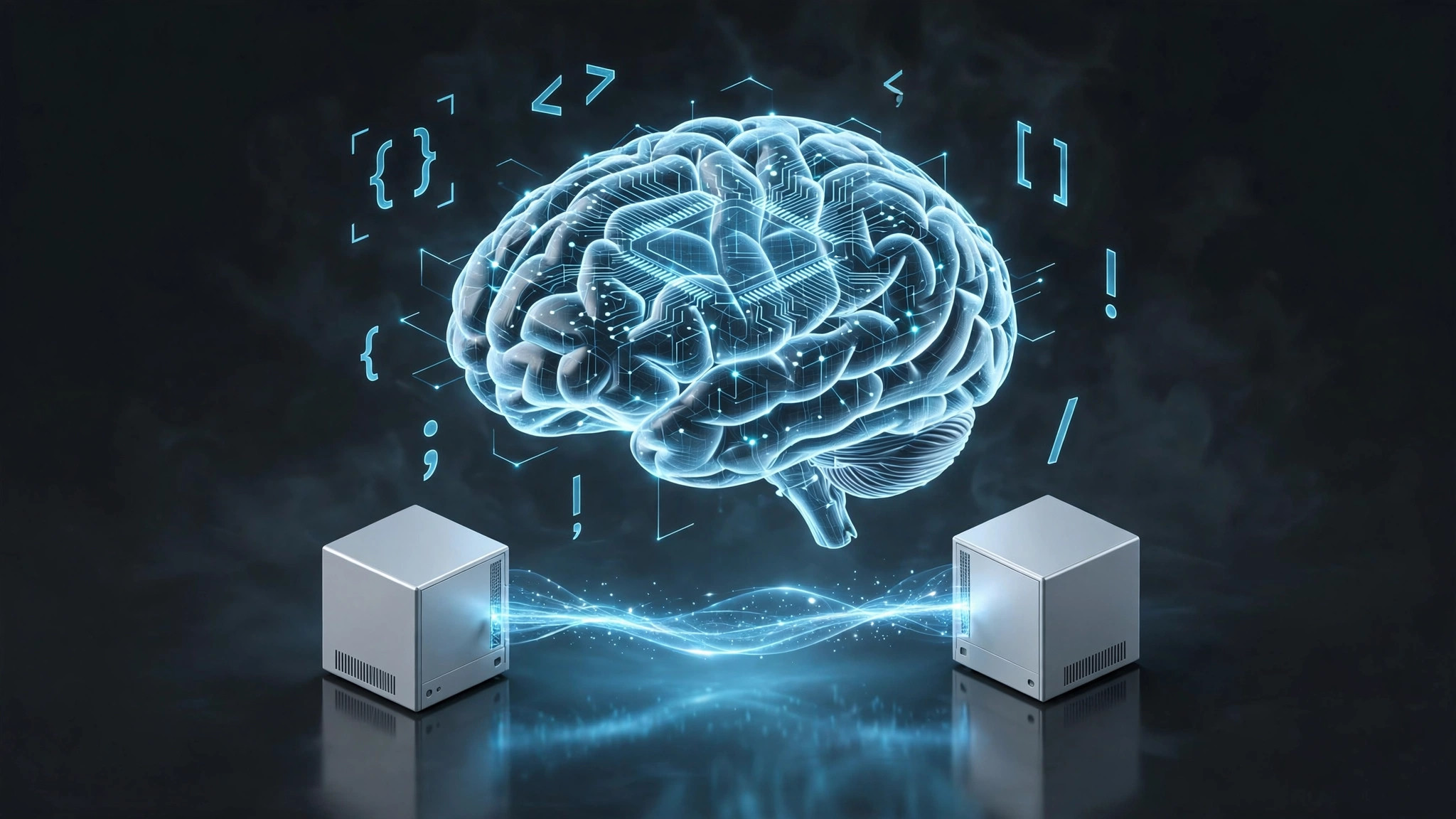 3D isometric illustration of two desktop computer cubes linked by a light bridge under a glowing holographic AI brain-chip