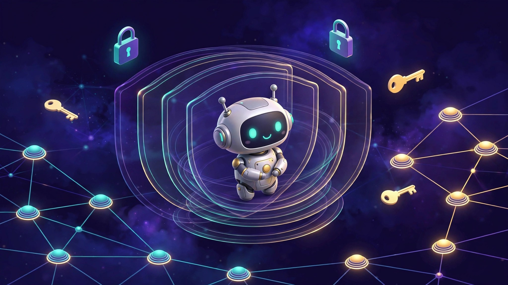 Ilustrasi 3D isometrik agen robot yang dibungkus perisai privasi dengan lapisan onion Tor dan simbol kunci zero-knowledge