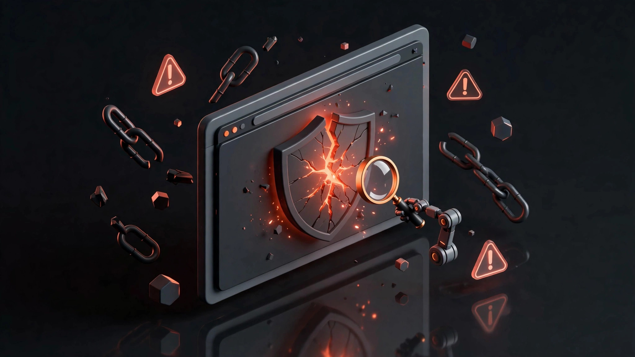 3D isometric illustration of a browser window with a cracked glowing shield, a robot arm with a magnifying glass, and broken chain links